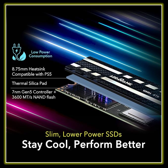Addlink G55H 1TB PCIe 5.0 Gen5 NVMe M.2 SSD with Heatsink - Up to 10,200 MB/s - Game Ready - Internal Solid State Drive - Compatible with PCs and PS5 (ad1TBG55HM2P)