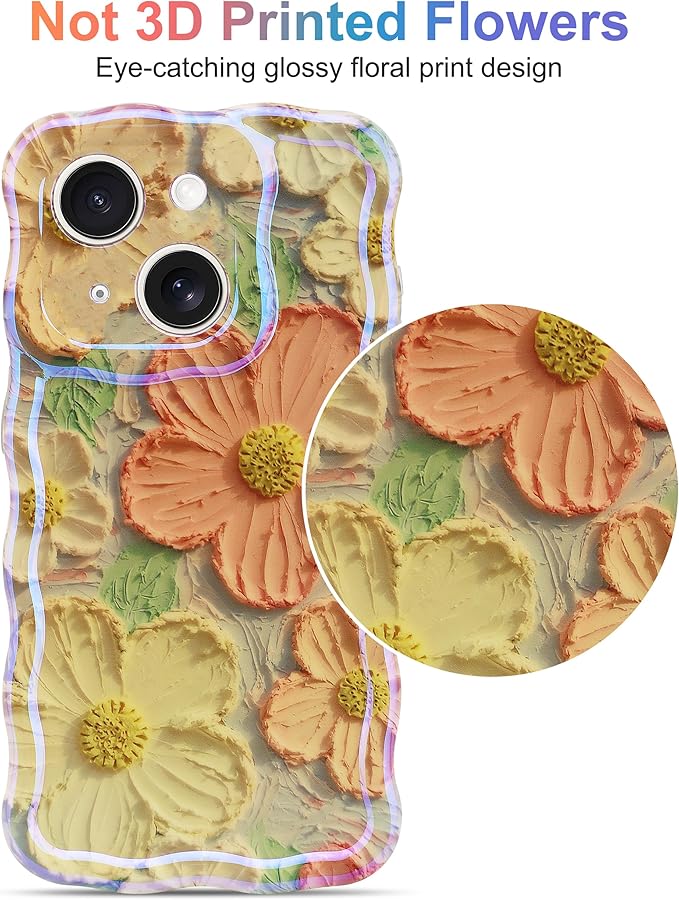 Jusy Compatible with iPhone 14, Colorful Retro Oil Painting Printed Flower Laser Glossy Pattern Cute Curly Wave Phone Case Soft TPU Cover for Girly Women - Orange Yellow