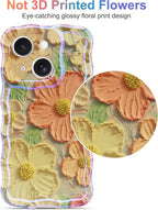 Jusy Compatible with iPhone 14, Colorful Retro Oil Painting Printed Flower Laser Glossy Pattern Cute Curly Wave Phone Case Soft TPU Cover for Girly Women - Orange Yellow