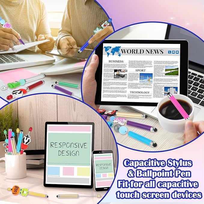 Qilery 30 Pcs Beaded Pens with Stylus Tips Plastic Beaded DIY Stylus 2-in-1 for Rubber Touch Screen Handwriting Ballpoint Pen 1.0mm, Black Ink, Office Supplies(Colorful)