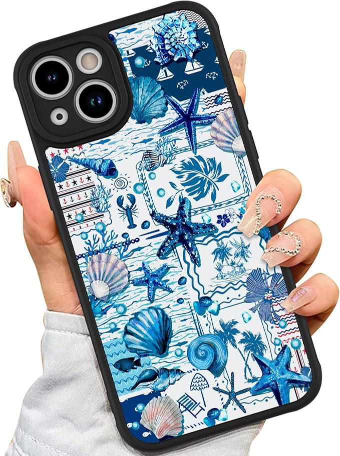 AIGOMARA Magnetic Case for iPhone 15 Plus [Compatible with MagSafe] Blue Shell Starfish Ocean Holiday Collage for Women Girls Men Soft TPU Bumper Hack PC Back Heavy Duty Protective Slim Cover