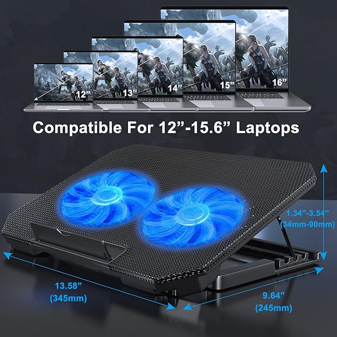 Laptop Cooling Pad with Adjustable Height Two 5.1 Inches Fan 2 USB Ports Suitable for 12"-15.6" Laptops（Black）