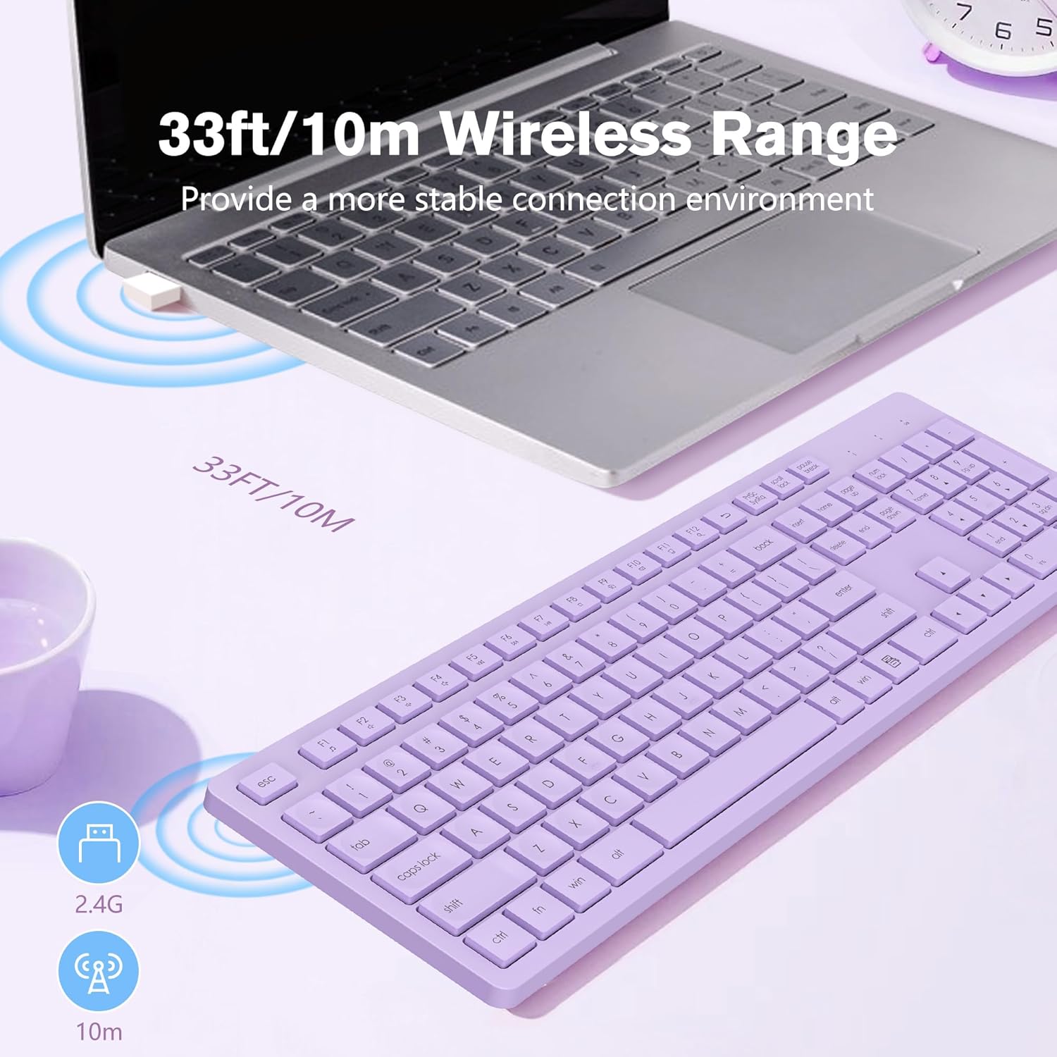 LeadsaiL Purple Wireless Keyboard, 2.4GHz Full-Sized Ergonomic Computer Keyboard, Cordless Noiseless Keyboard,12 FN Shortcuts for Windows MacOS Laptop Computer