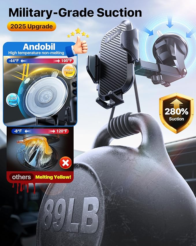 andobil Car Phone Holder, 2025 Military-Grade 85lbs Strongest Suction Phone Holders for Your Car Dashboard/Windshield/Vent Easy Clamp Cellphone Holder Truck Stand for iPhone 16 15 14 Pro Max Samsung