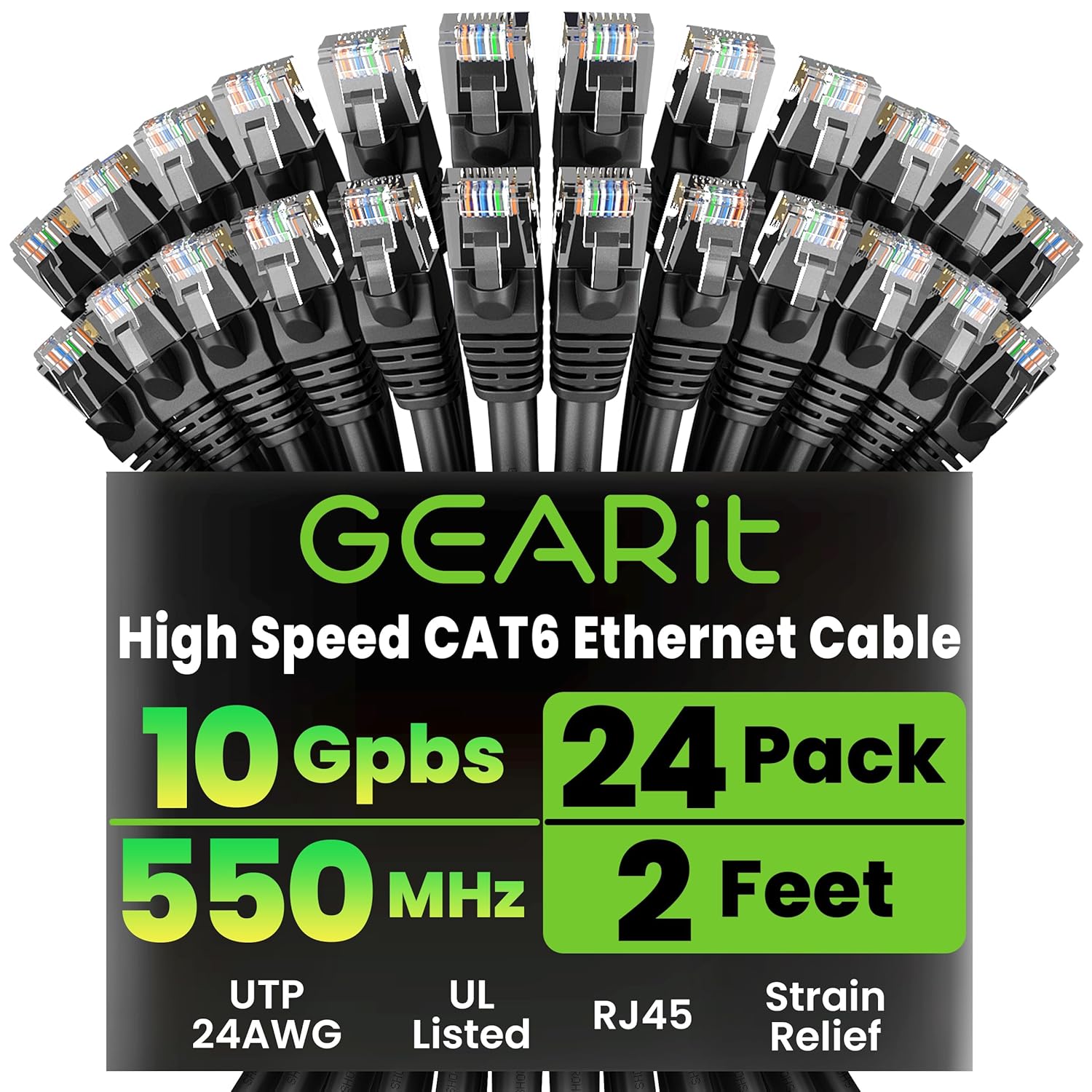 GearIT Cat 6 Ethernet Cable Pack - 24-Pack 2 ft Cat6 Ethernet Patch Cables | RJ45 Network Patch Cable, 10 Gbps Snagless Gold-Plated Connectors - Ethernet Cable Cat 6 for PC, TV, Router - Black