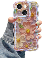 Jusy Compatible with iPhone 15, Colorful Retro Oil Painting Printed Flower Laser Glossy Pattern Cute Curly Wave Phone Case Soft TPU Cover for Girly Women - Light Purple