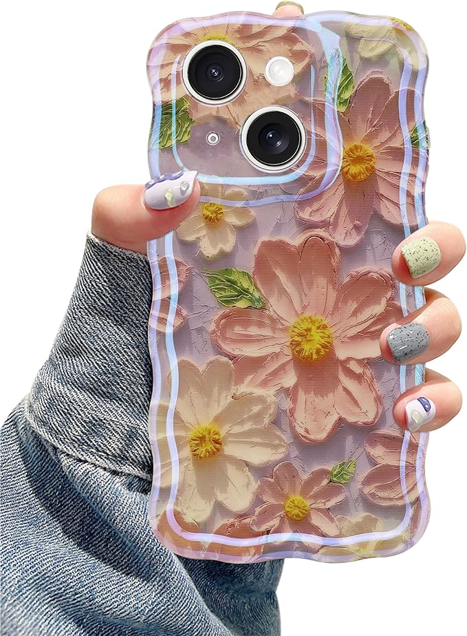 Jusy Compatible with iPhone 15, Colorful Retro Oil Painting Printed Flower Laser Glossy Pattern Cute Curly Wave Phone Case Soft TPU Cover for Girly Women - Light Purple