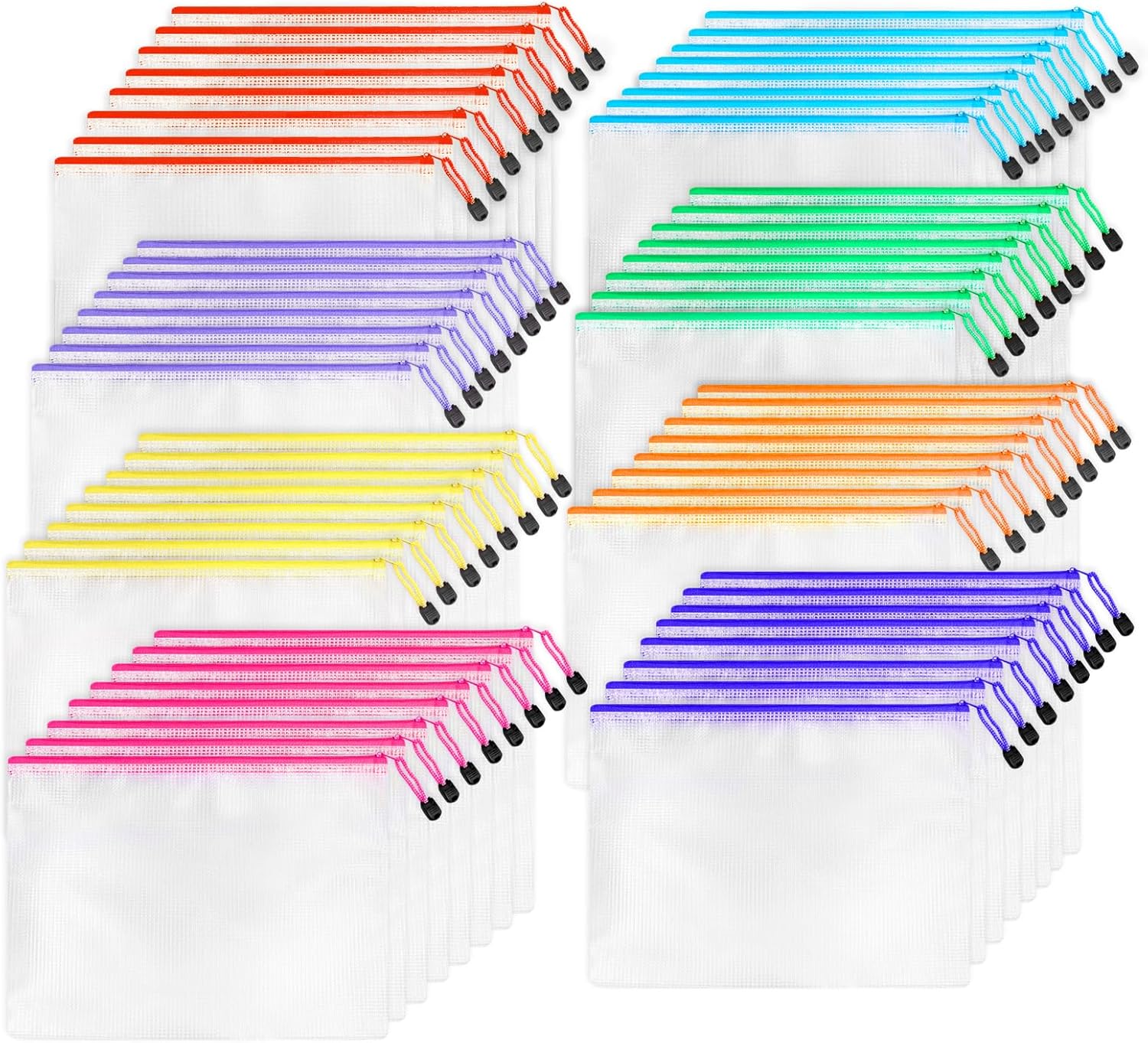 64pcs A4 Mesh Zipper Pouch Bags, Mesh Bags with Zipper Bulk, Pouches for Organization, Clear Storage Bags for Classroom, Travel, Office, Board Game