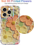 Jusy Compatible with iPhone 12 Pro, Colorful Retro Oil Painting Printed Flower Laser Glossy Pattern Cute Curly Wave Phone Case Soft TPU Cover for Girly Women - Orange Yellow
