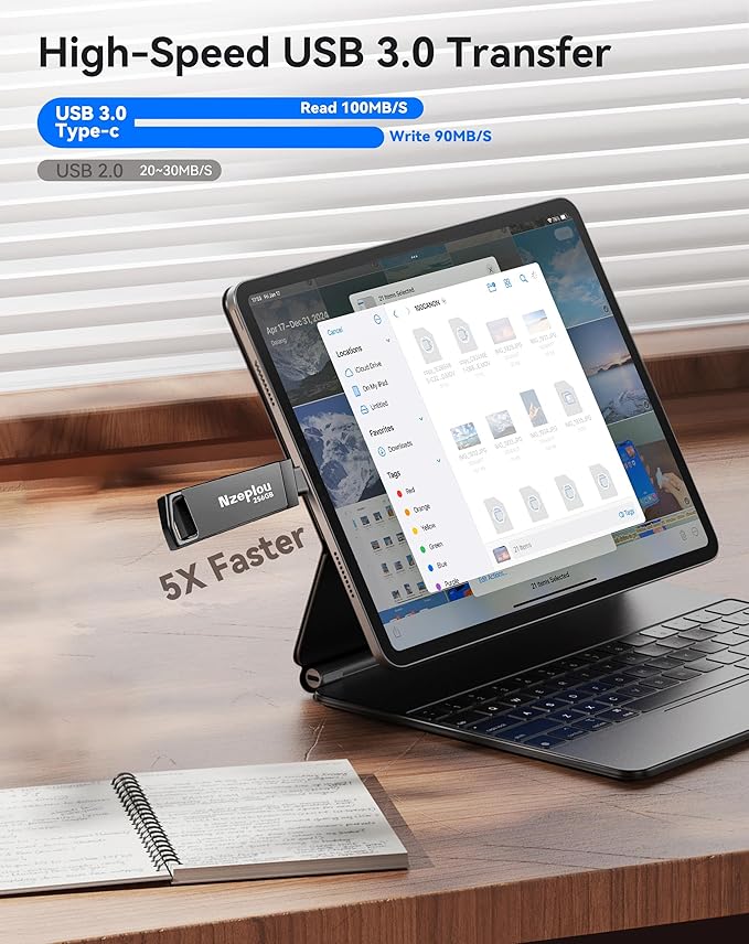 256GB Flash Drive for iPhone iPad, USB3.0 High-Speed Memory Stick No App Needed, Lightening & USB-C External Memory Storage for Photos Videos, Picture Backup Thumb Drive Plug & Play (Space Gray)