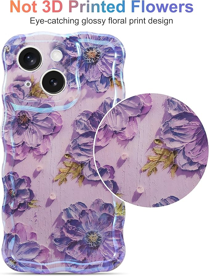 Jusy Compatible with iPhone 14 Plus/15 Plus, Colorful Retro Oil Painting Printed Flower Laser Glossy Pattern Cute Curly Wave Phone Case Soft TPU Cover for Girly Women -Purple