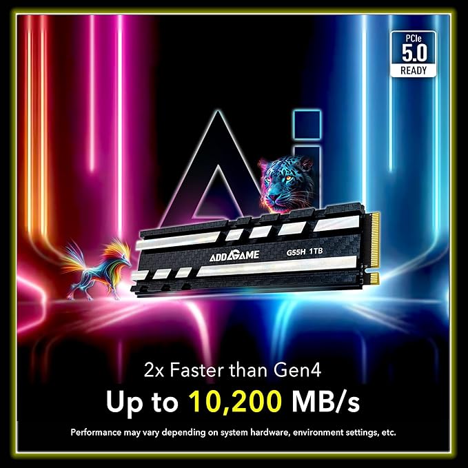 Addlink G55H 1TB PCIe 5.0 Gen5 NVMe M.2 SSD with Heatsink - Up to 10,200 MB/s - Game Ready - Internal Solid State Drive - Compatible with PCs and PS5 (ad1TBG55HM2P)