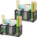 Marbrasse 2P Mesh Pen Holder for Desk,Pencil Holder Desk Organizer 3 Adjustable Compartments,Pencil Cup with Handle Perfect for Classroom, Office, Home,Makeup,Art (Black)