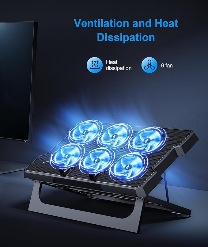 Laptop Cooling Pad, Laptop Cooler with 6 Quiet Fans Up to 17.3 Inch Heavy Notebook Cooler Stand, 8 Levels of Tilt, Two Levels of Height Adjustable (Black)