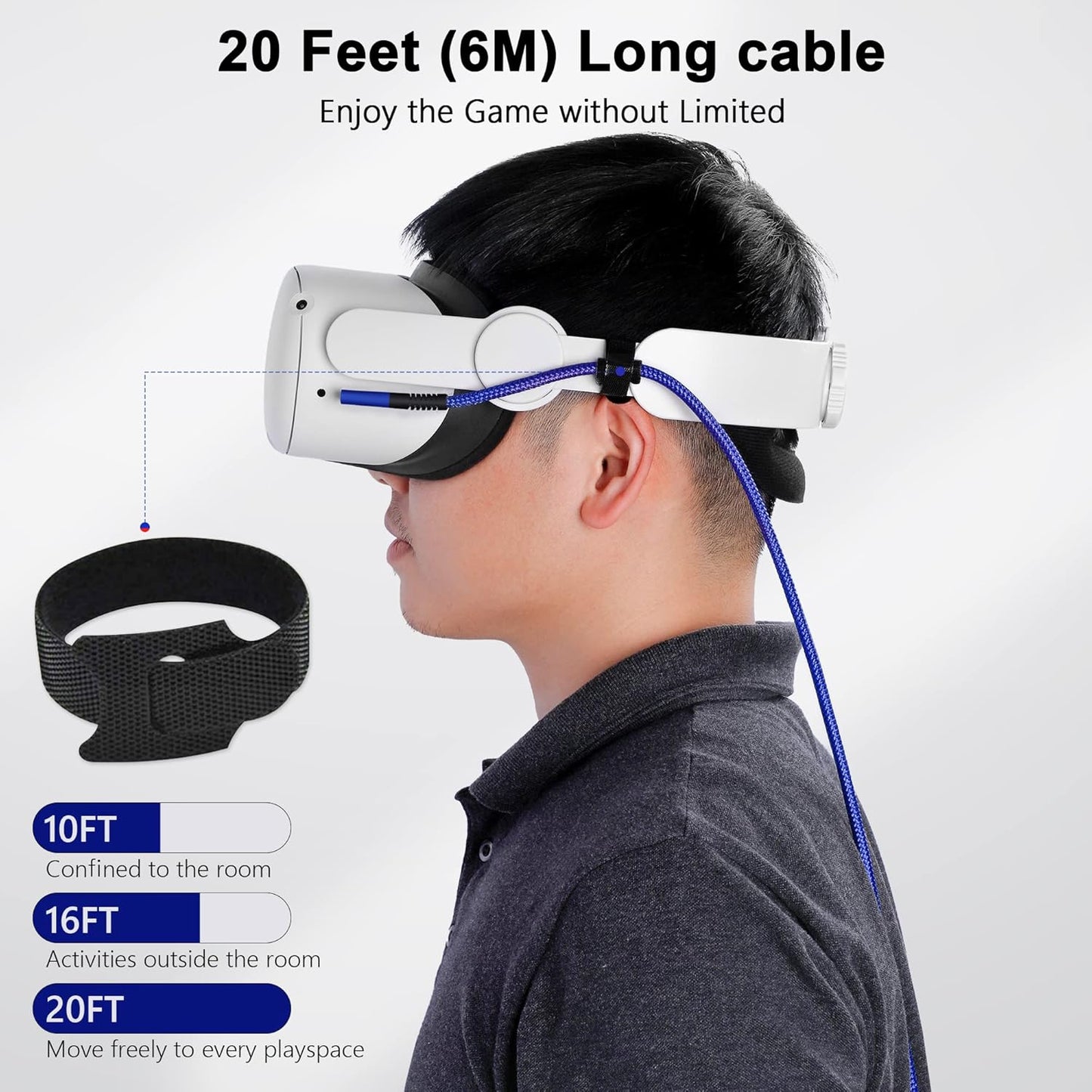 Kuject Link Cable 20FT Compatible for Quest 3S/3, Quest 2/Pro, Pico 4, Nylon Braided Accessories for Rift S/Steam VR Games, USB 3.0 Type C to C High Speed Data Transfer Cord for Gaming PC, Blue