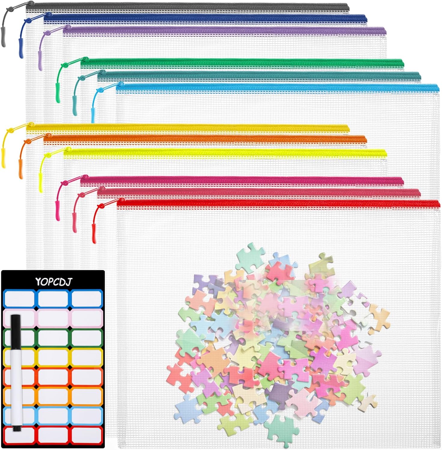 12pcs Mesh Zipper Pouch Bags, Extra Large A3 Puzzle Bag for Organizing, 12 Colors, 12 Packs, Classroom Must Have Storage Bag, File Bags for School, Board Games and Office Supplies