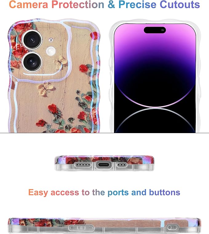 Jusy Compatible with iPhone 11, Colorful Retro Oil Painting Printed Flower Laser Glossy Pattern Cute Curly Wave Phone Case Soft TPU Cover for Girly Women - Beige