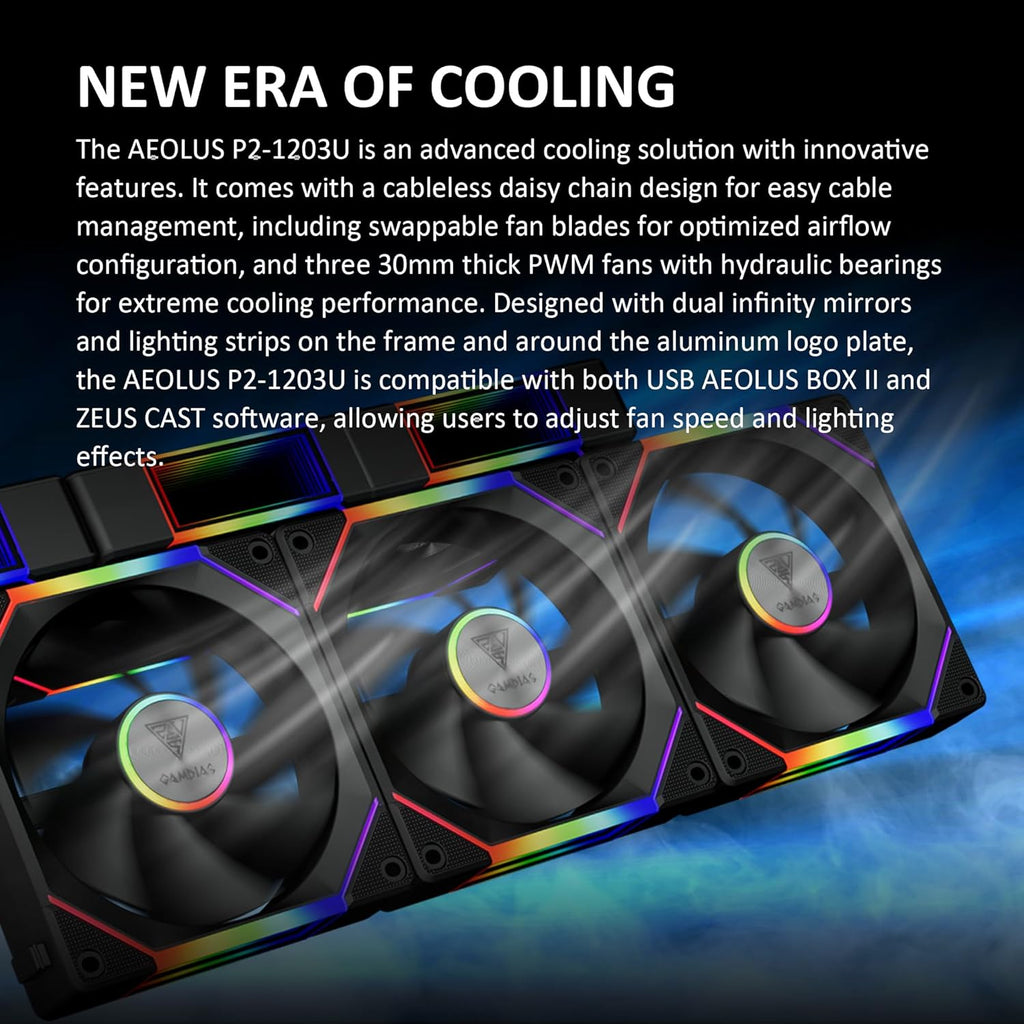 GAMDIAS Aeolus P2-1203U 120mm ARGB PWM Fan(3 Fan Pack w/USB Hub), Include Reverse Fan Blade x3, ARGB Sync Ready, Easy Installation & Cabless Daisy-Chain Design, Silent Operation, Up to 2400RPM, Black