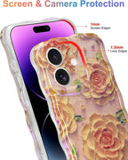 Jusy Compatible with iPhone 12, Colorful Retro Oil Painting Printed Flower Laser Glossy Pattern Cute Curly Wave Phone Case Soft TPU Cover for Girly Women - Pink Rose