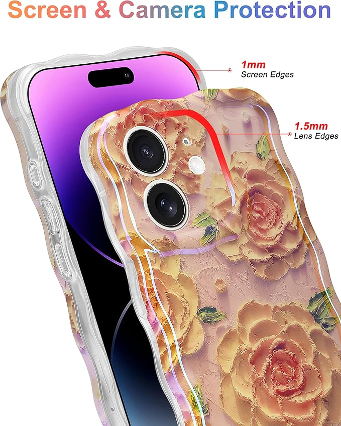 Jusy Compatible with iPhone 12, Colorful Retro Oil Painting Printed Flower Laser Glossy Pattern Cute Curly Wave Phone Case Soft TPU Cover for Girly Women - Pink Rose