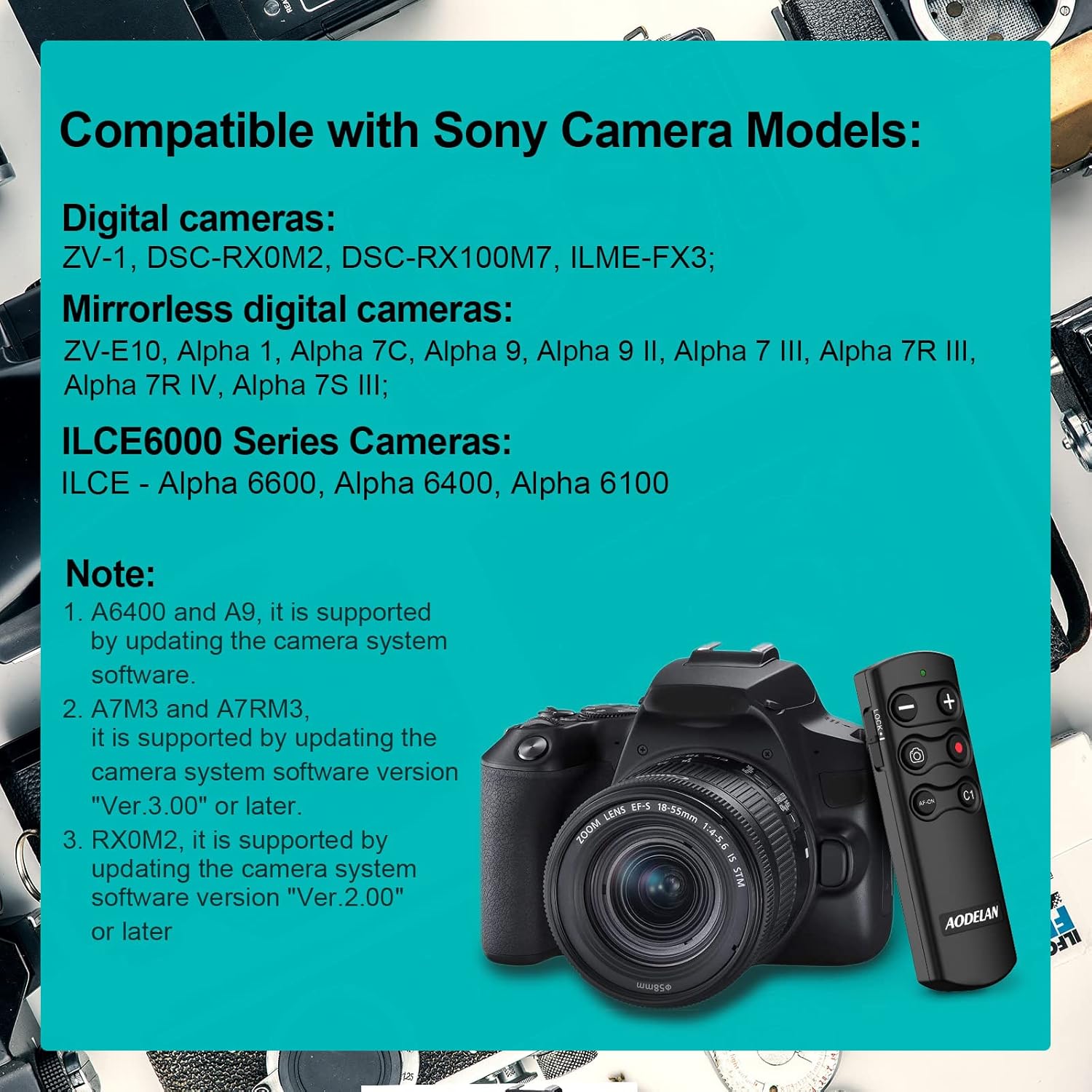 AODELAN Wireless Remote Control Camera Shutter Release for Sony ZV-E10, ZV-1, A7SM3, A7C, A7RIV, Alpha 9,7R IV,7R III, 7 III, 6600, 6400, 6100, 9 II, RX0 II, RX100 M7; Replces Sony RMT-P1BT