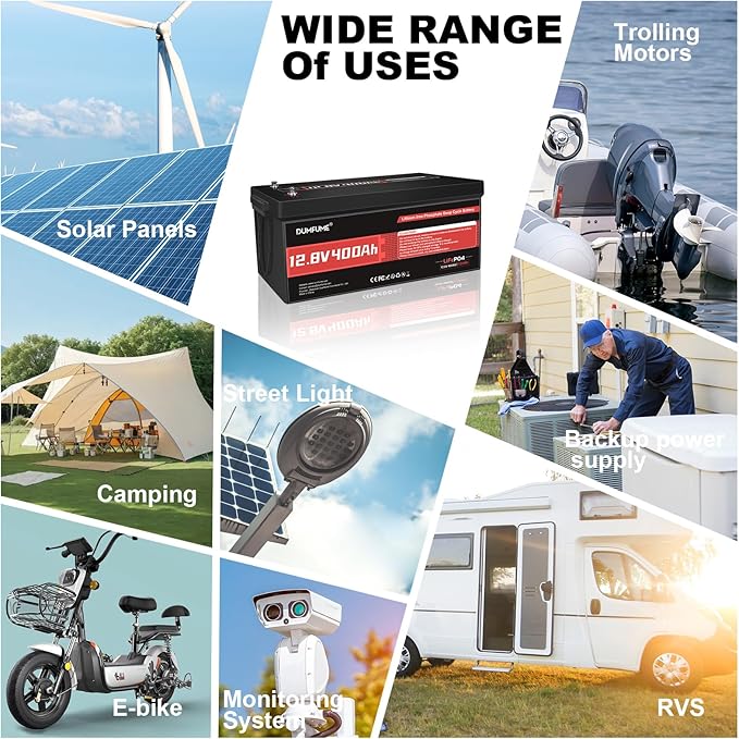 12V 400Ah LiFePO4 Lithium Battery,5120Wh Energy Built-in 200A BMS 15000+ Cycles for RV,Trolling Motor, Marine,Solar,Home Energy Storage,Off-Grid Applications