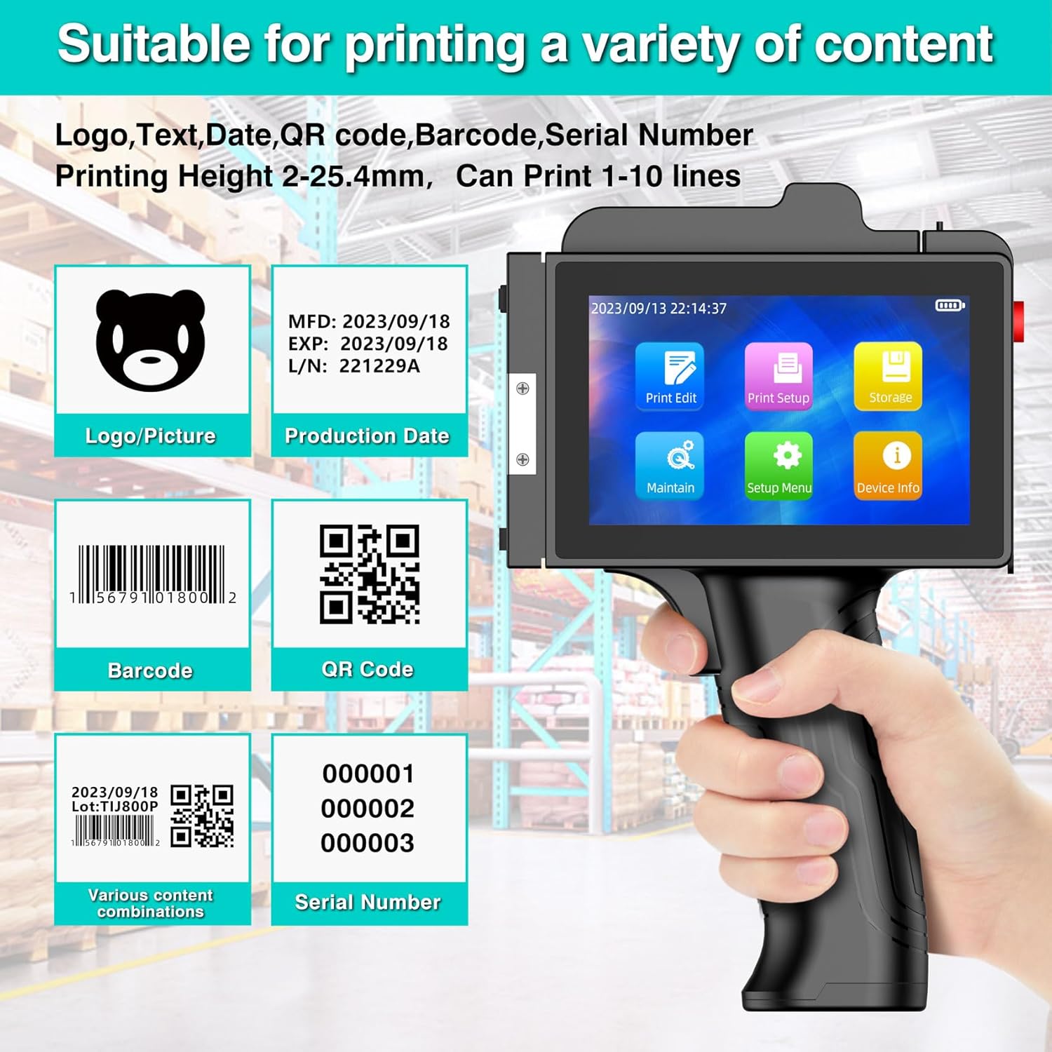 TIJ800P Handheld Inkjet Printer 1 inch Portable Handheld Printer Gun 5 Inch Screen Quick Drying Inkjet Coding Machine for Batch Number/Date/Barcode/QR Code/Logo etc