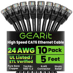GearIT Cat 6 Ethernet Cable Pack - 10-Pack 5 ft Cat6 Ethernet Patch Cables | RJ45 Network Patch Cable, 10 Gbps Snagless Gold-Plated Connectors - Ethernet Cable Cat 6 for PC, TV, Router - Black