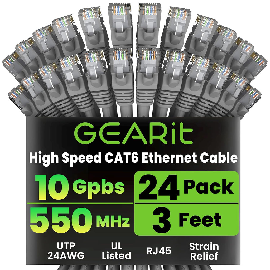 GearIT Cat 6 Ethernet Cable (24-Pack 3 Feet) Cat6 Network Patch, 10Gbps, RJ45, Snagless Cord, Gold-Plated Connectors, Internet for PC, TV, Tablet, Router, Printer, Servers, IT Data Center - Gray