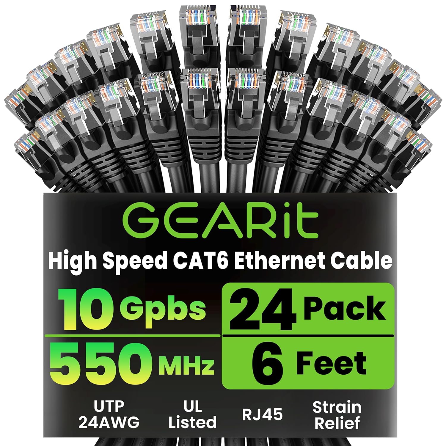 GEARit Cat 6 Ethernet Cable Pack - 24-Pack 6 ft Cat6 Ethernet Patch Cables | RJ45 Network Patch Cable, 10 Gbps Snagless Gold-Plated Connectors - Ethernet Cable Cat 6 for PC, TV, Router - Black