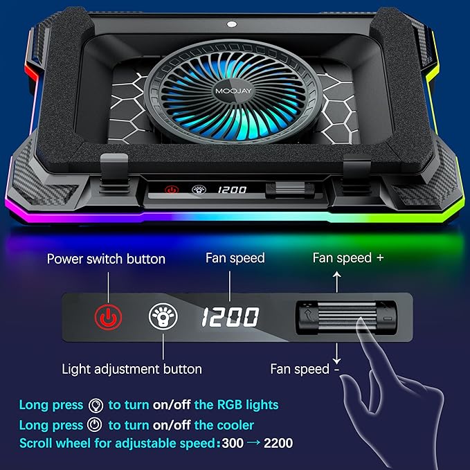 Laptop Cooling Pad Powerful Turbo Fan RGB Gaming Notebook Cooler, Moojay Laptop Fan Cooling Stand with 8 Adjustable Heights and Phone Holder, for 14-19 Inch Laptops - Ice Blue LED Light