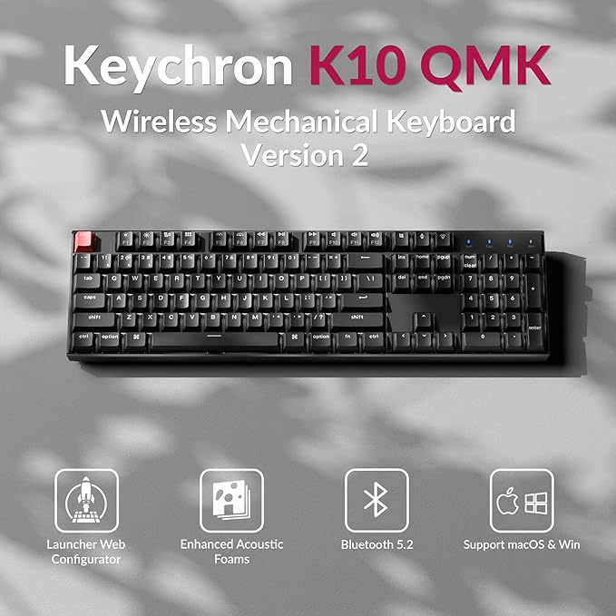 Keychron K10 Full Size Layout White LED Backlit Hot-Swappable Mechanical Keyboard for Mac Windows, 104-Key Bluetooth Wireless/USB Wired Computer Keyboard with Keychron Super Banana Switch(Version 2)