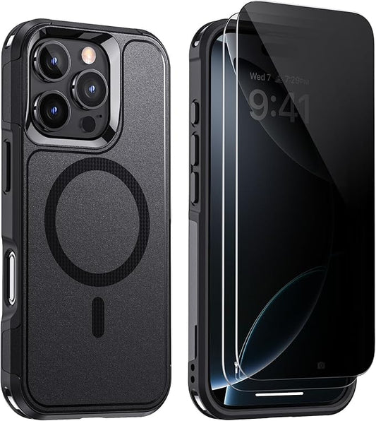 Lanhiem Magnetic for iPhone 16 Pro Max Case, with [2 Pcs Privacy Screen Protector] [Compatible with MagSafe] Shockproof Heavy Duty Military Protective Phone Case Cover for iPhone 16 Pro Max (Black)