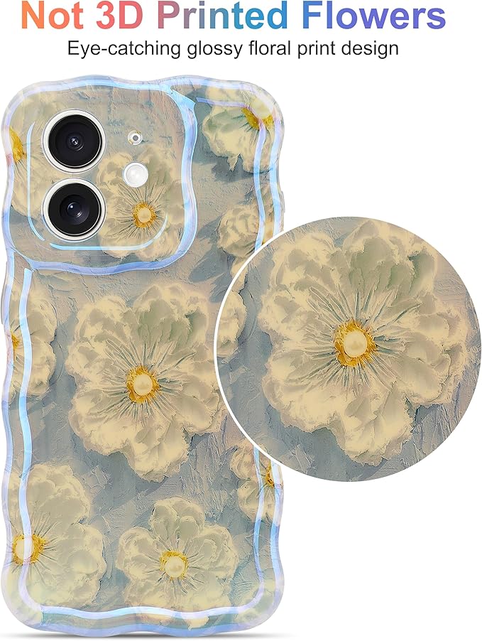 Jusy Compatible with iPhone 12, Colorful Retro Oil Painting Printed Flower Laser Glossy Pattern Cute Curly Wave Phone Case Soft TPU Cover for Girly Women - Light Blue