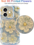 Jusy Compatible with iPhone 12, Colorful Retro Oil Painting Printed Flower Laser Glossy Pattern Cute Curly Wave Phone Case Soft TPU Cover for Girly Women - Light Blue