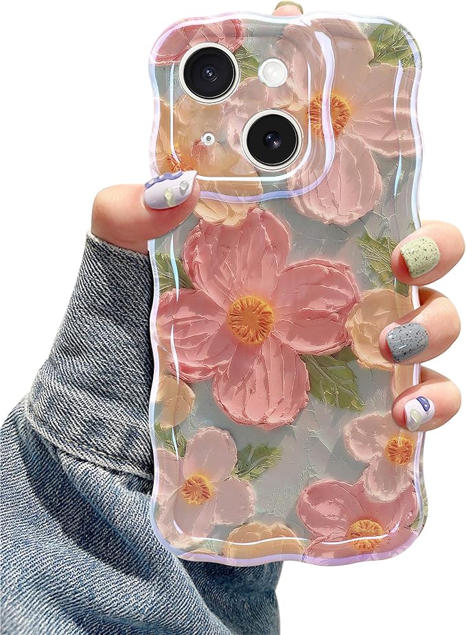 Jusy Case for iPhone 14 Plus/15 Plus, Colorful Retro Oil Painting Printed Flower Laser Blue Glossy Pattern Cute Curly Wave Phone Case Soft TPU Cover for Girly Women -Green
