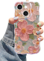 Jusy Case for iPhone 15, Colorful Retro Oil Painting Printed Flower Laser Blue Glossy Pattern Cute Curly Wave Phone Case Soft TPU Cover for Girly Women -Green