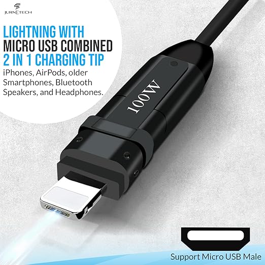 100W Multi Charging Cable - 6-in-1 Universal Fast Charging Cable with Zinc Alloy Connectors & PU Cable, Adjustable Length 120cm | C to C, USB to Type-C, Lightning, Micro - MFI Certified