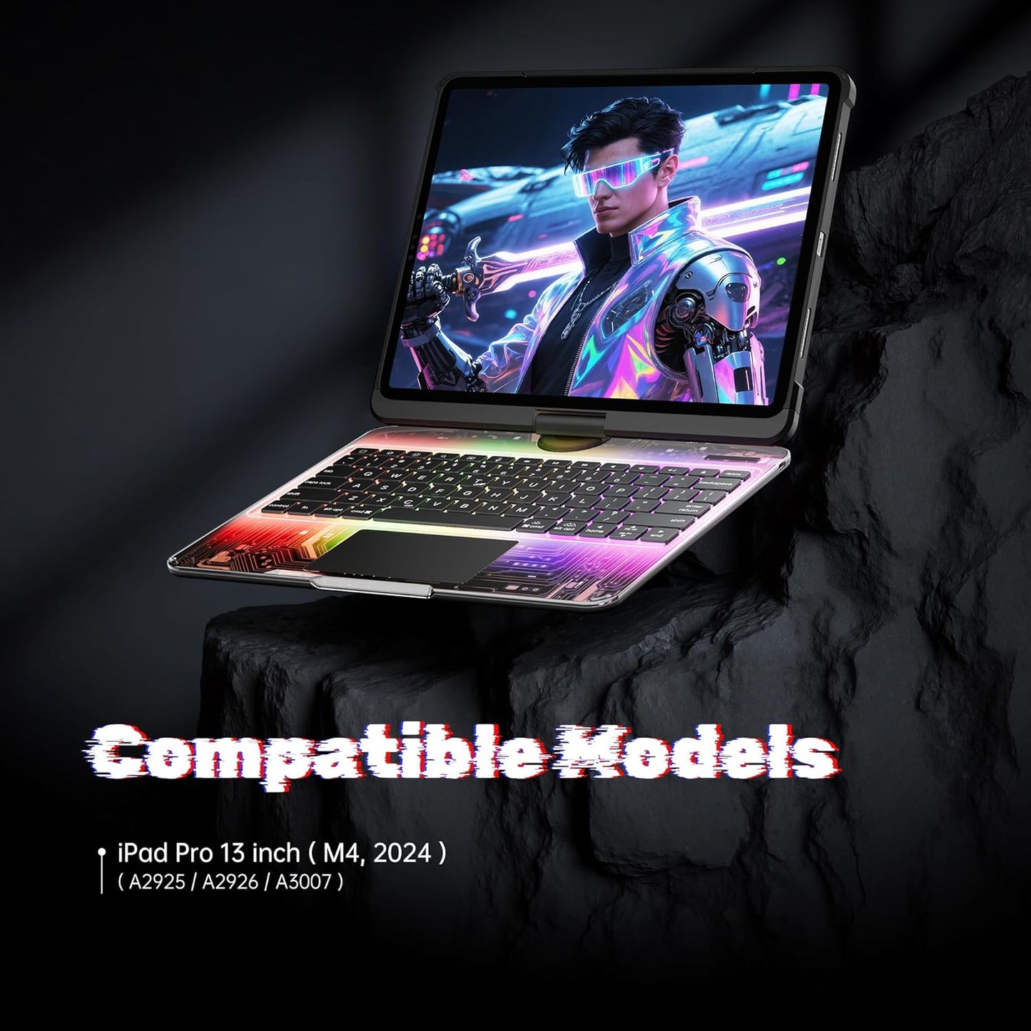 KITONE Transparent Case with Wireless Keyboard only for 2024 iPad Pro 13-in.(M4), 7 Colors Backlight, Trackpad, 360°Rotating Stand for iPad Pro 13, Tech Style