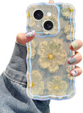 Jusy Compatible with iPhone 14, Colorful Retro Oil Painting Printed Flower Laser Glossy Pattern Cute Curly Wave Phone Case Soft TPU Cover for Girly Women -Light Blue
