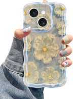 Jusy Compatible with iPhone 14, Colorful Retro Oil Painting Printed Flower Laser Glossy Pattern Cute Curly Wave Phone Case Soft TPU Cover for Girly Women -Light Blue