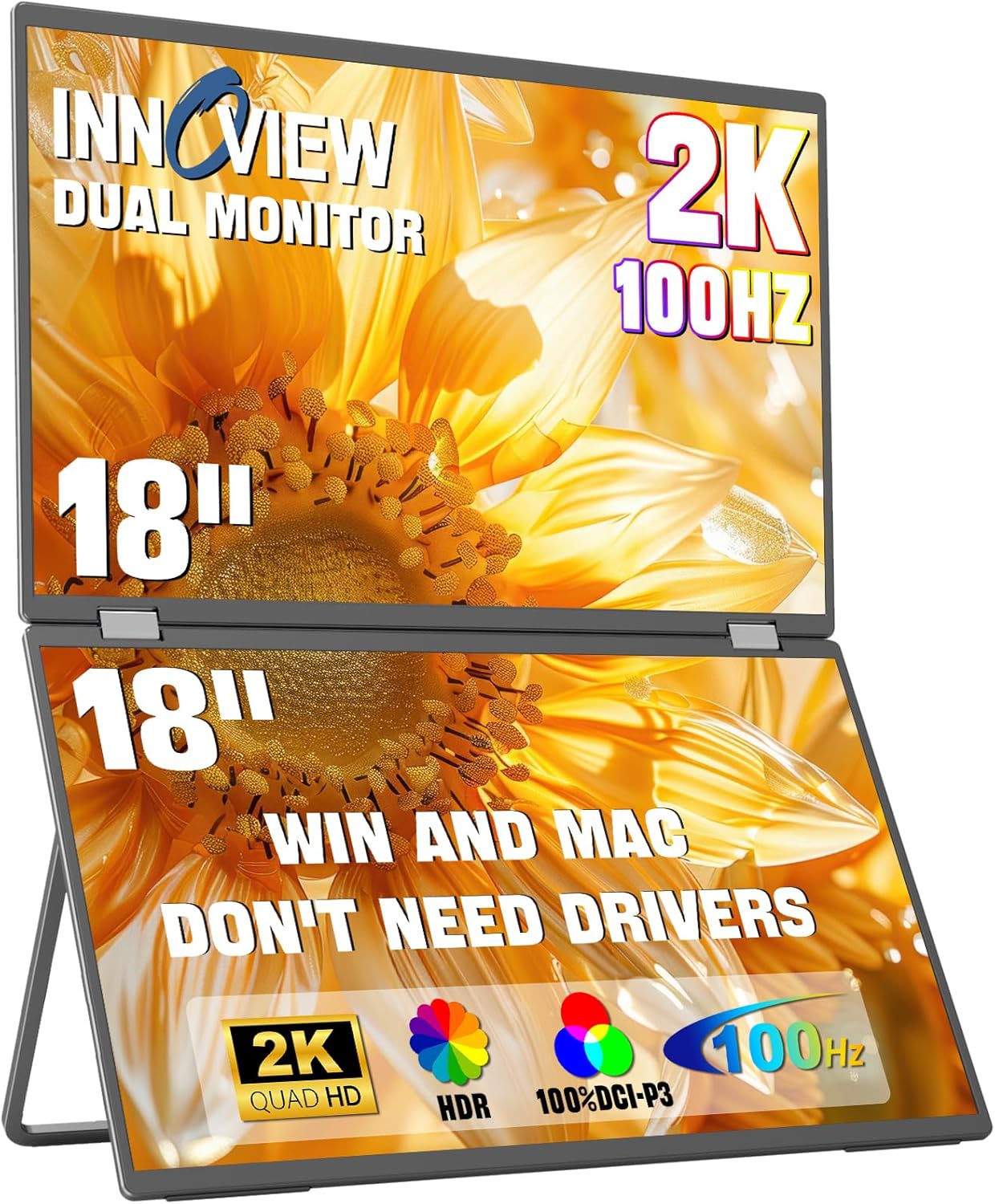InnoView 18" 2K 100Hz Dual Portable Monitor 100% DCI-P3 Dual Monitor 315°Adjustable Screen Extender for Windows Mac Laptop with Speakers Type-C HDMI DP Foldable 2560x1600 Monitors (No Driver Needed)