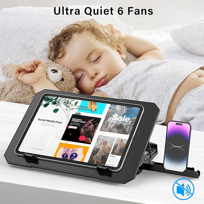 Laptop Cooling Pad, Laptop Cooler 6 Quiet Fans for 12"-17" Laptops, Laptop Cooler Stand with Phone Stand, Gaming Laptop Fan Cooling Pad Slim Portable USB Powered with 5 Angle Adjustable, 2 USB Ports