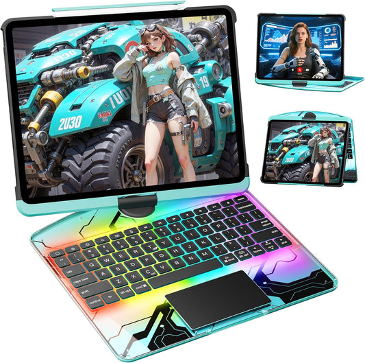 KITONE Transparent Case with Wireless Keyboard only for 2024 iPad Pro 11-in.(M4), 7 Colors Backlight, Trackpad, 360°Rotating Stand for iPad Pro 11(5th Gen), Tech Style
