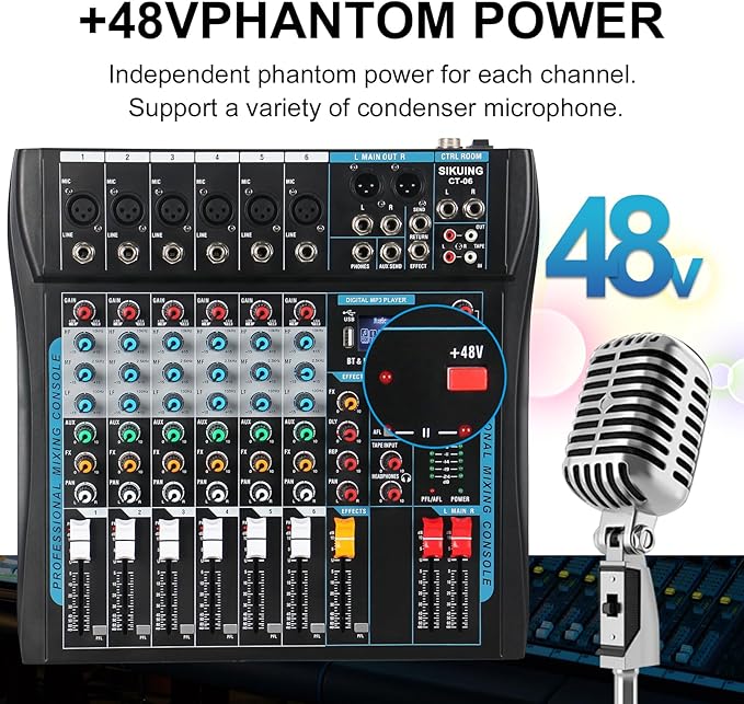 Audio Mixer,6 Channel Board Mixer for Streaming, Professional Sounds Board Mixer with 16 DSP Effect, USB Audio Interface and 48V Phantom Power, Stereo DJ Mixers for PC Recording/DJ stage