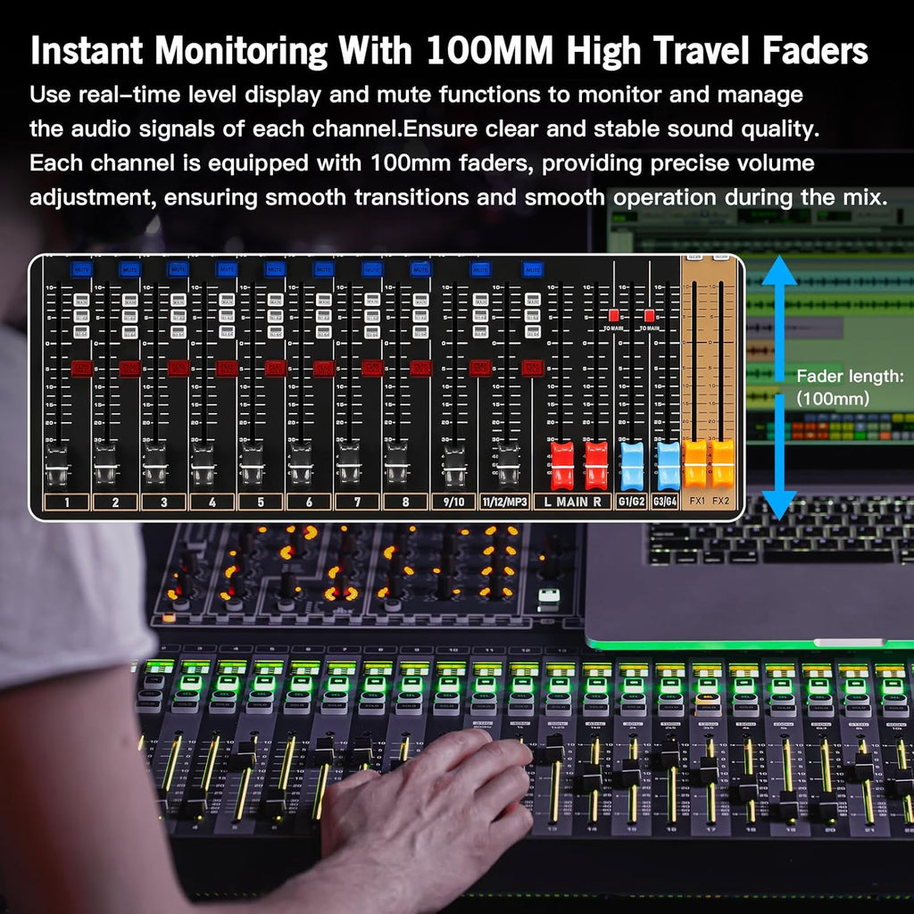 Digital Mixer 16 Channel,Sound Board Mixing Console, Dual DSP Reverb, Dual 7-Band EQ, 48V Phantom Power, 4 Group Stereo Output Input, PAD