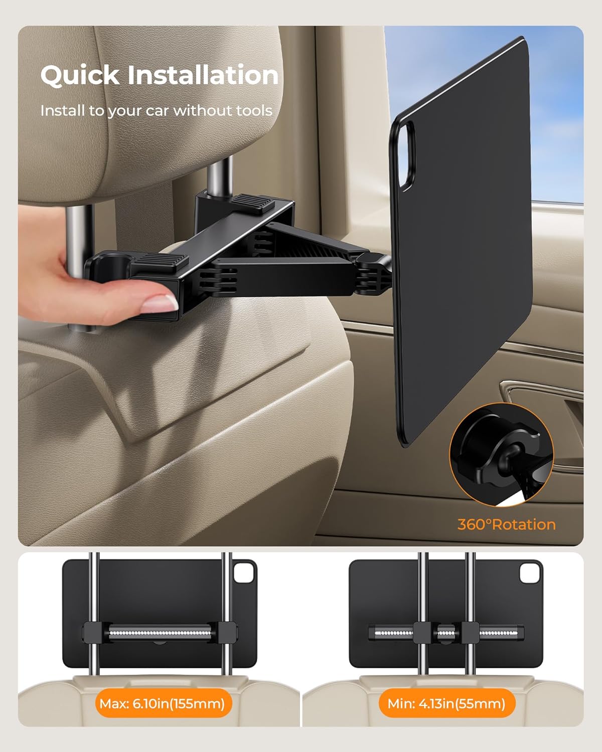 KU XIU Magnetic iPad Holder for Car Headrest,Backseat Tablet Car Mount for for iPad Pro 12.9, iPad Air 13 M2/M3, Road Trip Essentials for Kids, Tablet Car Holder for iPad Pro 12.9 3rd/4th/5th/6th