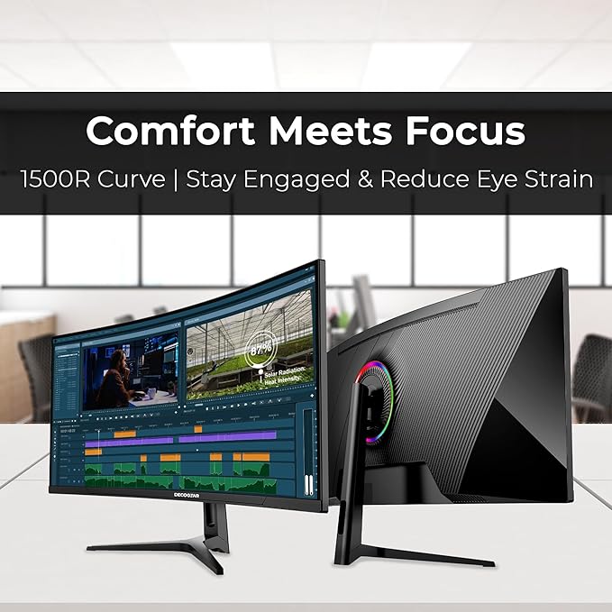 Deco Gear 34” Curved Ultrawide Business Monitor | 3440x1440, 100Hz, 1500R, 99% sRGB | Adjustable Stand, 2 HDMI and 2 DisplayPort | HDR, Low Blue Light, PIP/PBP