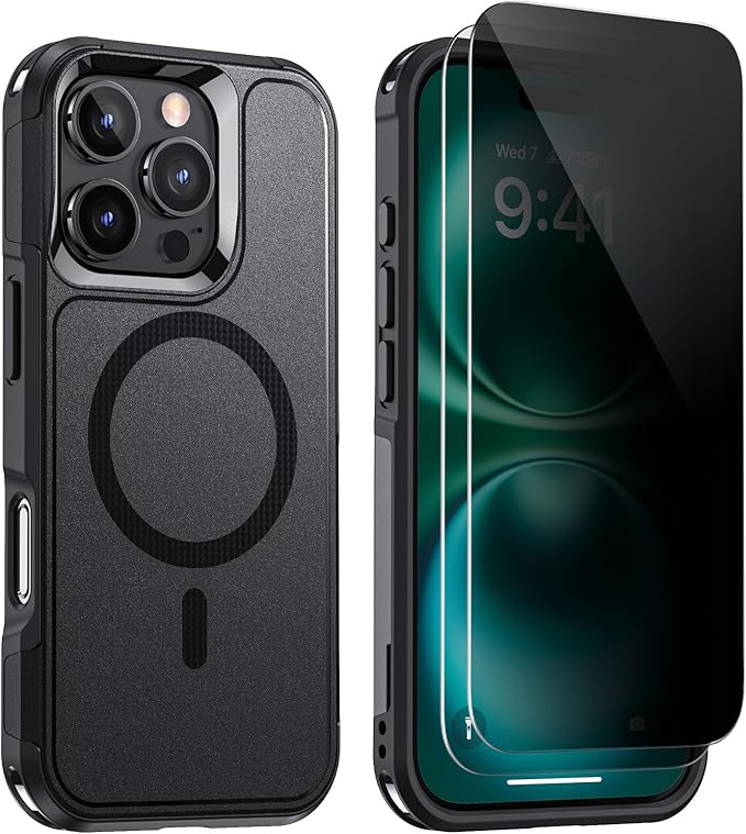 Lanhiem Magnetic for iPhone 16 Pro Case, with [2 Pcs Privacy Screen Protector] [Compatible with MagSafe] Shockproof Heavy Duty Military Grade Protective Phone Case Cover for iPhone 16 Pro (Black)