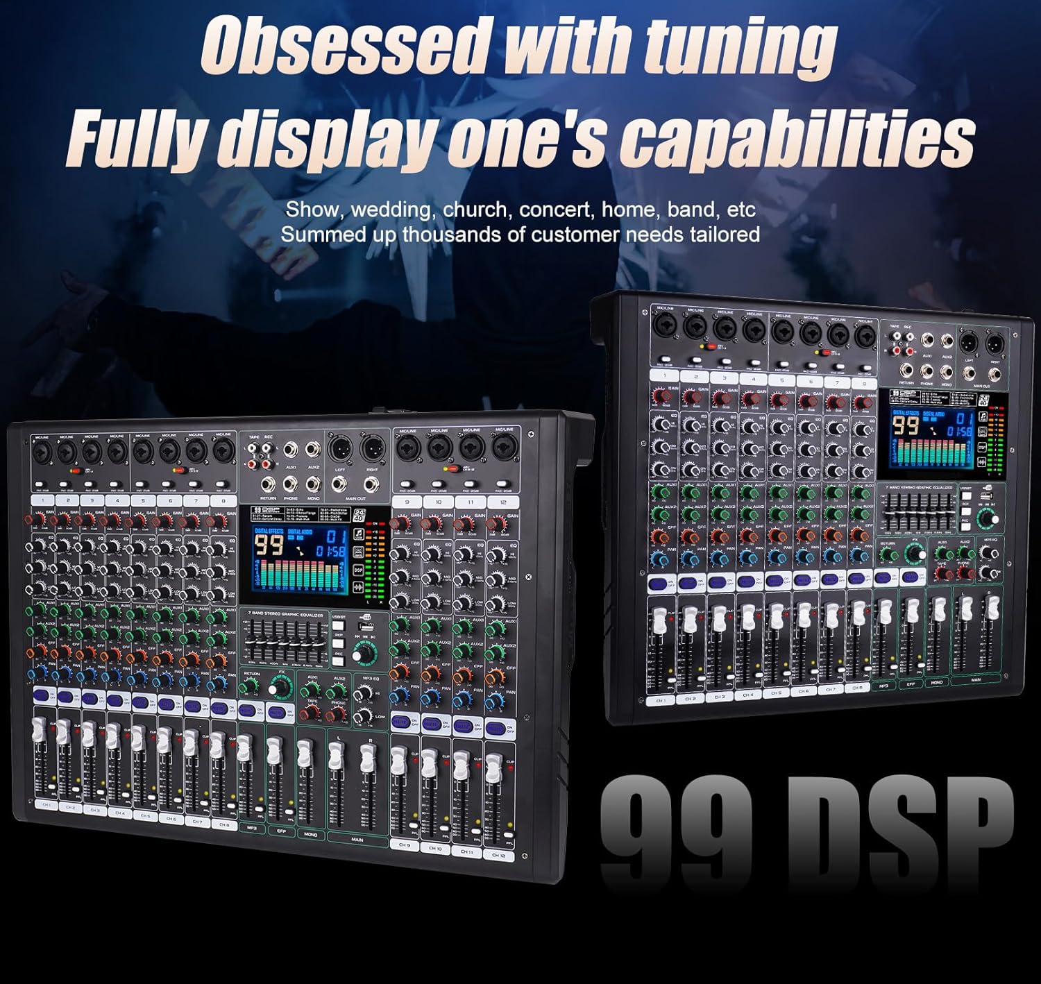 GF12 Multifunction 12 Channel Audio Mixer Stage Performance Mixer Isolated Independent Mute Built-in 7 Level Equalizer and 99 Reverb DJ Mixer for Stage Performance/Karaoke/DJ Music